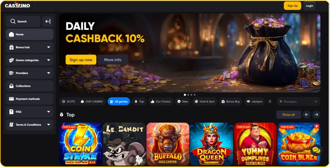 Сaswino website lobby